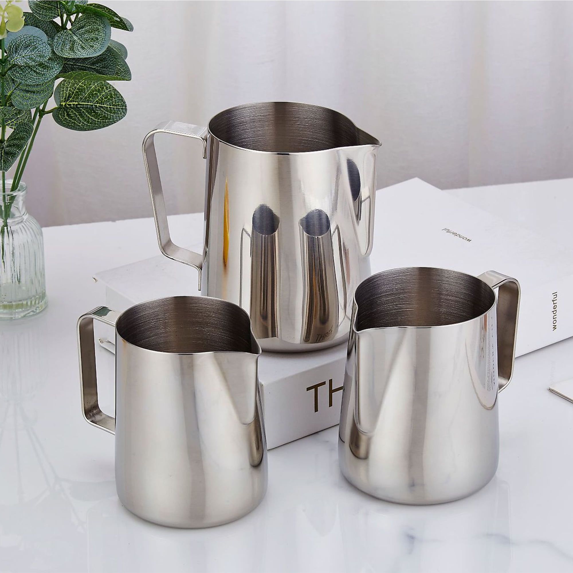 3 PACK Milk Frothing Pitcher Cup, 11.8oz/13.5oz/20oz Milk Frother Cup Stainless Steel Steaming Pitcher Milk Jug Coffee Latte Art Cappuccino Espresso Machine Accessories Barista Steam Pitchers