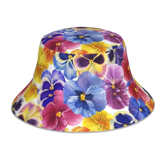 Sikiie The Garden Tricolor Pansy Flower Reflective Double-Sided Bucket Hat, Sun Hat, for Gardening, Beaching, Camping, Hiking, Fishing