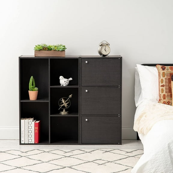 , Inc. 3-Tier Closed Cubby Storage Shelf with Doors, Small Storage Bookshelf Cabinet with Closed Privacy Door Shelves with Magnetic Closures, Black