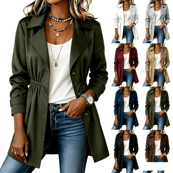 XUNKUSGA Trench Coat Women Fashion Notched Lapel Button Down Drawstring Waist Windbreaker Jacket Women Classic Casual Solid Color Fall Winter Coat with Pocket Khaki S