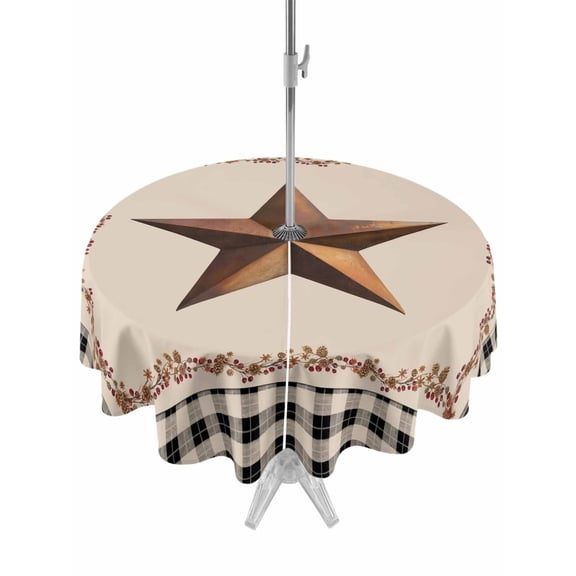 Outdoor Tablecloths with Umbrella Hole & Zipper, Western Texas Star Retro Round Tablecloths 60 Inch, Rustic Vintage Berry Black Beige Plaid Waterproof Table Cloth, Patio/Pool/Picnic Table Covers