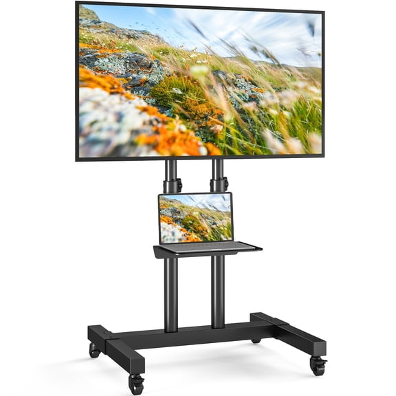 RTVR Black Rolling TV Cart Stand with Wheels for 32 to 83 inch TVs, Portable Mobile Height Adjuatable Shelf