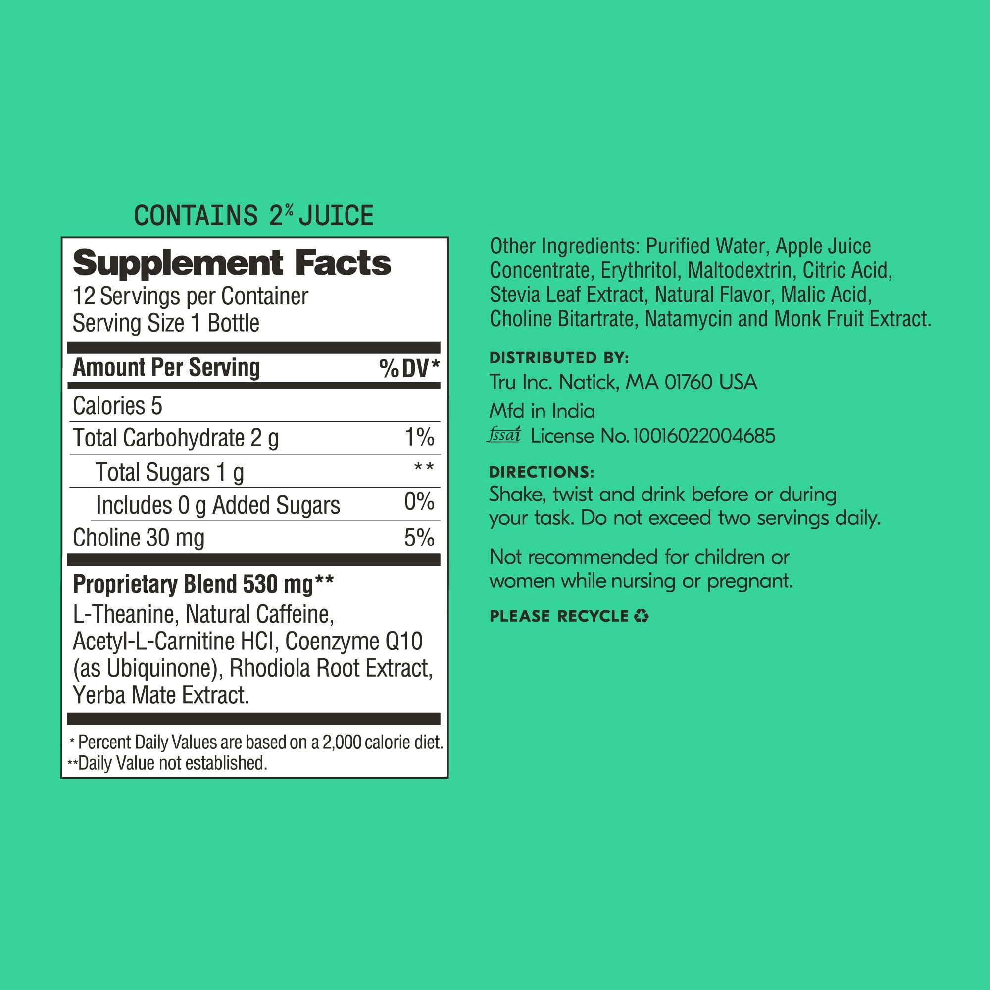 Tru Focus Wellness Shot Apple Kiwi Flavored Energy Drink 12 Pack 2 oz