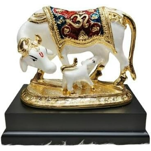 resin with wooden stand kamdhenu cow statue/ cow and calf statue for home/ office/ gift item