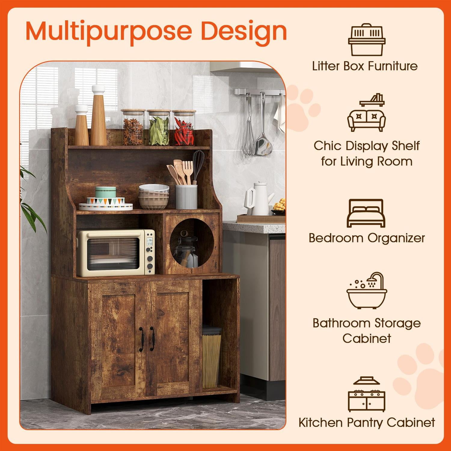 Pefilos Modern Wooden Cat Litter Box Enclosure, Storage Shelves & Cat Condo, Industrial Style, Brown