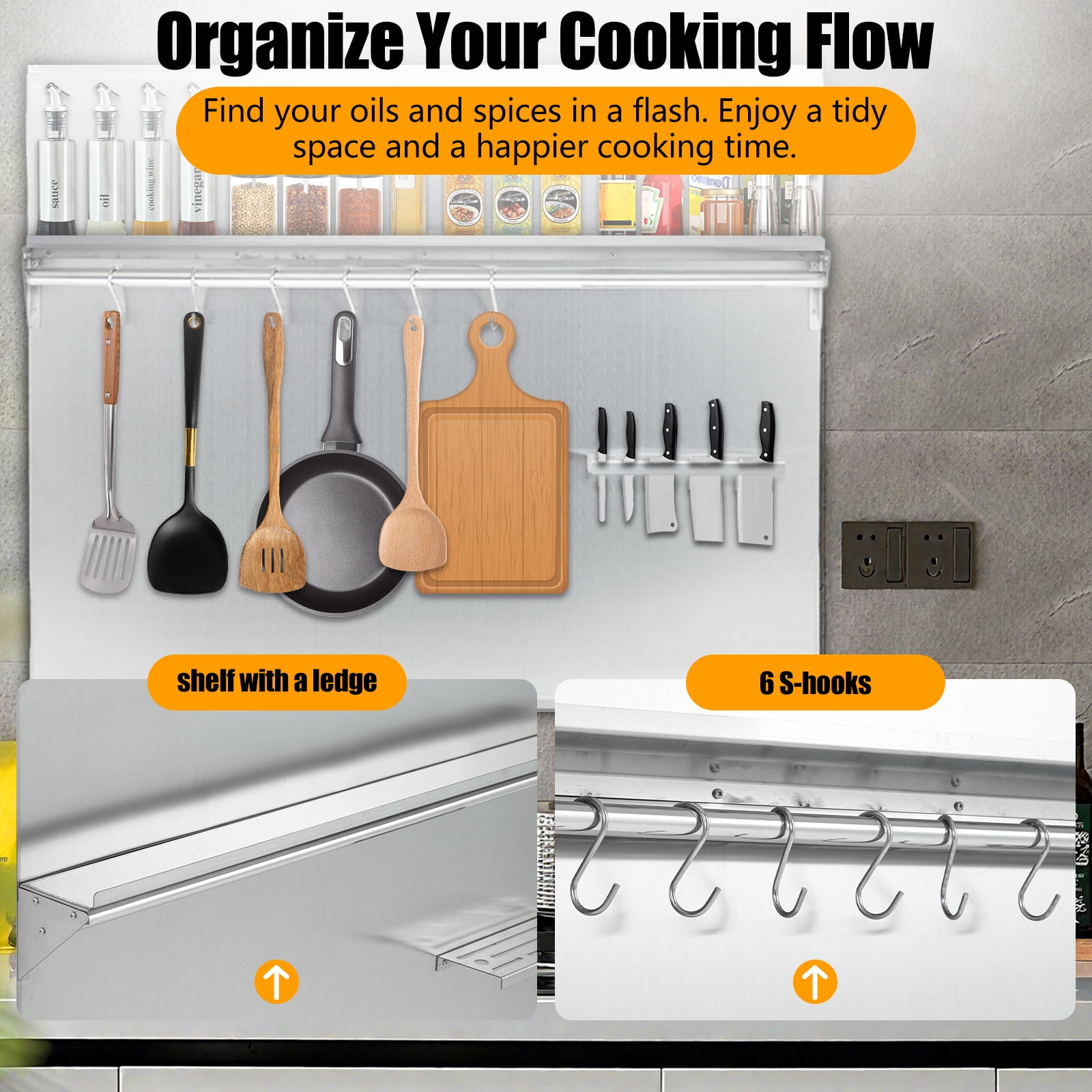 Accreate Stainless Steel Range Backsplash for Stove Hood - Wall Mount Kitchen Back Panel, Commercial Backsplash Shield with Storage Shelf & Knife Rack, Pre-Drilled Holes for Easy Installation