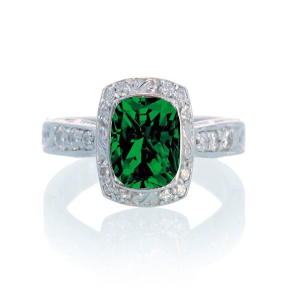 1.5 Carat Round Vintage Emerald and Diamond Halo Wedding Ring on 10k White Gold