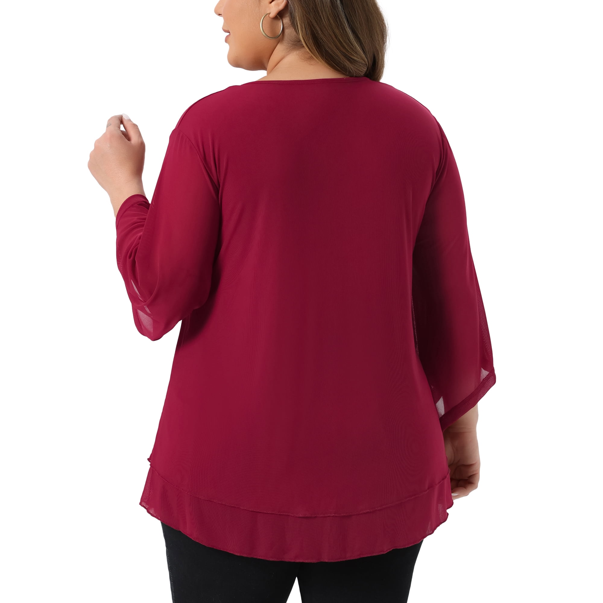 Women's Plus Shirt 3/4 Sleeve Scoop Neck Double Layers Blouse Top 2X Burgundy