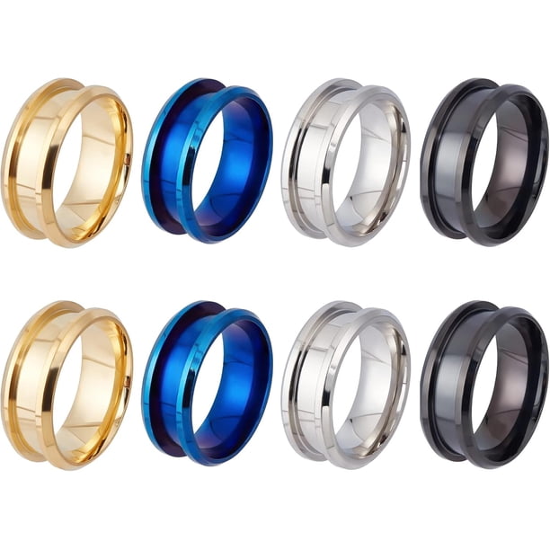 Anillos de acero inoxidable con ranuras para dedos, 8 unidades, 4 colores, talla 8, con núcleo en blanco, pulidos, dorados, azules y negros.