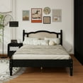 thumbnail image 2 of Queen Size Wooden Platform Bed with Natural Rattan Headboard, Vintage Bed Frame with Wooden Slat Support, Black, 2 of 11
