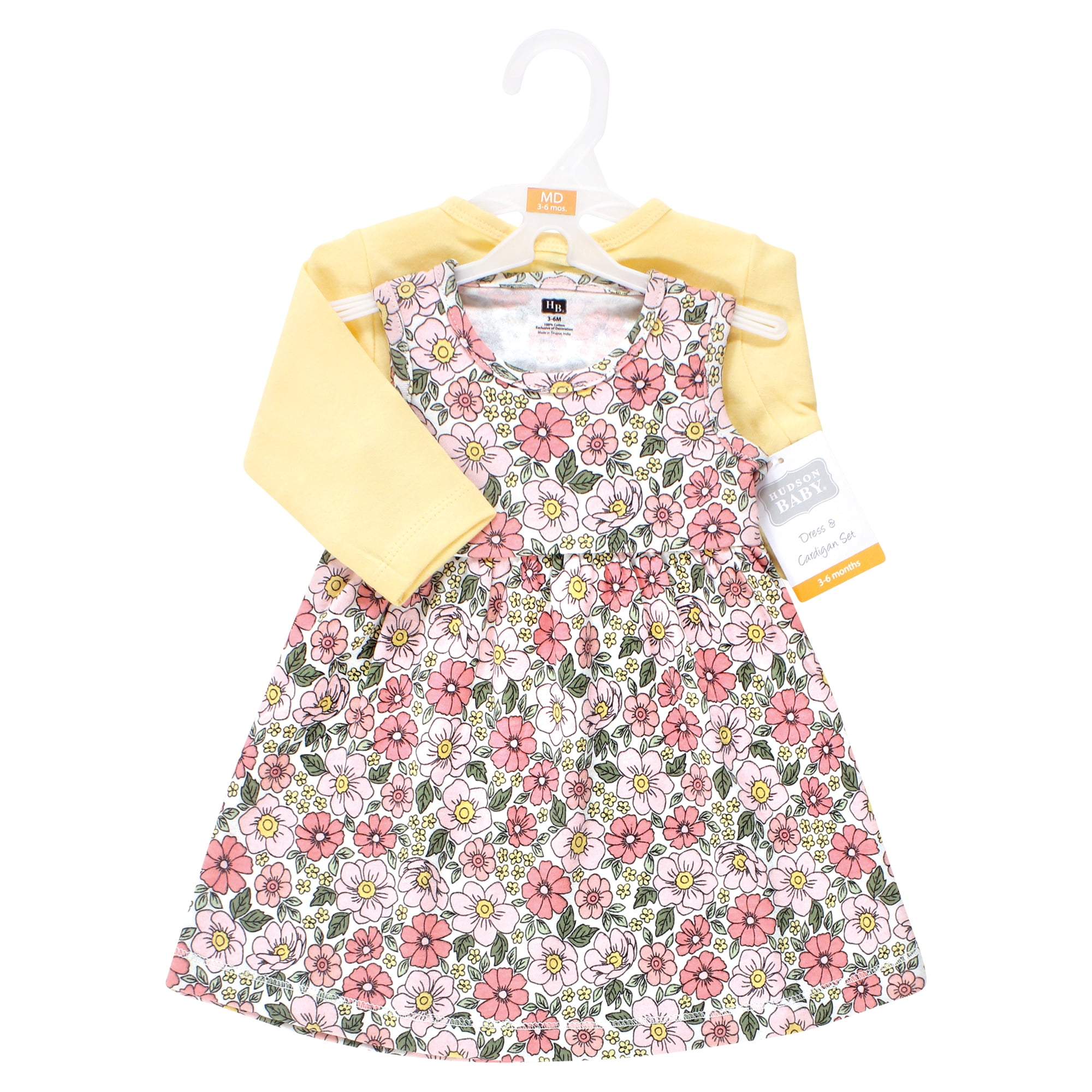 Hudson Baby Girls Cotton Dress and Cardigan Set, Pink Yellow Pretty Floral, 3-6 Months