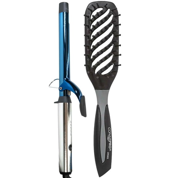 Babyliss Pro Nano Titanium 1" Compact Full Power Curling Wand with 3 Heat Settings #BNTMWUC + Conair Pro Ergo-Grip Vented Brush Collection Ergonomically Designed for Blow Drying