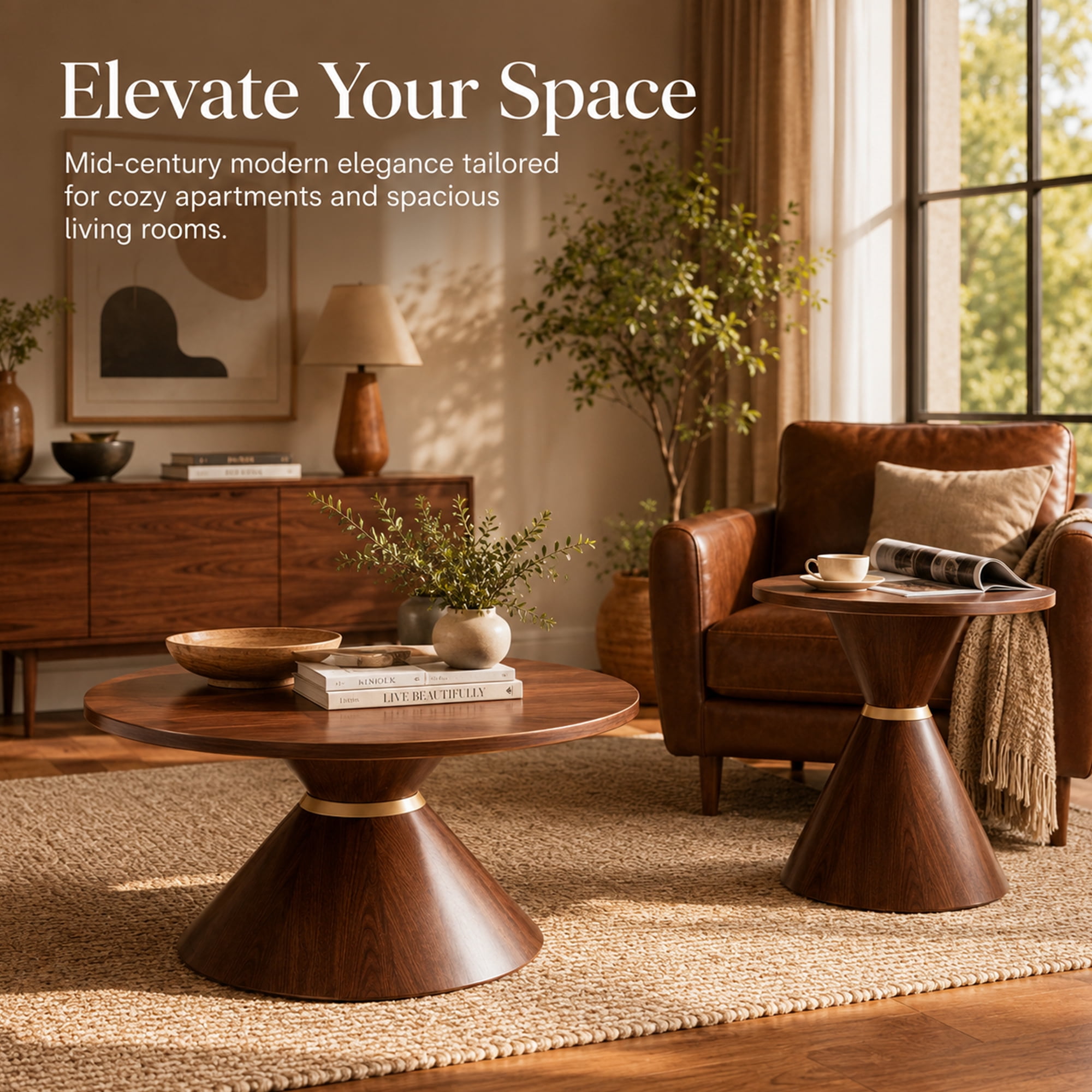 2-Piece Round Nesting Coffee Table Set with Hourglass Design and Metal Base, Mid-Century Accent Tables and Side End Tables for Living Room, Walnut
