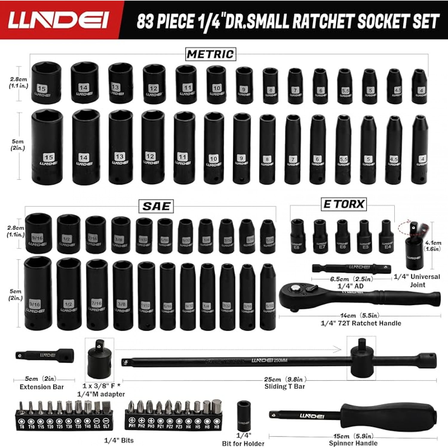 1/4 inch Drive Impact Socket Set 83 Piece,Standard SAE(5/32-9/16 inch) Metric Size(4-15mm),72T Ratchet Wrench Handle,CR-V Mechanics Tool Set with Adapter,Screwdriver Bits for Automotive Repair