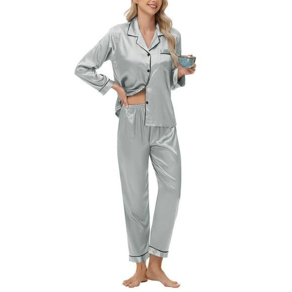 hoksml Women's Cooling Bamboo Viscose Pajama Set Long Sleeve Solid Color Notched Lapel Shirt Style Top and Long Pants 2 Piece Sets with Pockets
