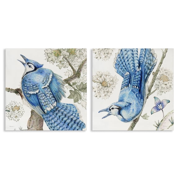 Stupell Industries Blue Jays with White Blossoms Animals Painting Wrapped Canvas Art Print Wall Art, 17 x 17, Set of 2
