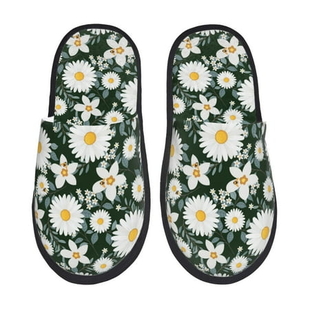 Balery White Daisies and Bee Slient Indoor Furry Fleece Comfort House Shoes Soft Non-Slip Home Shoes Cotton slippers House Slippers-- Medium
