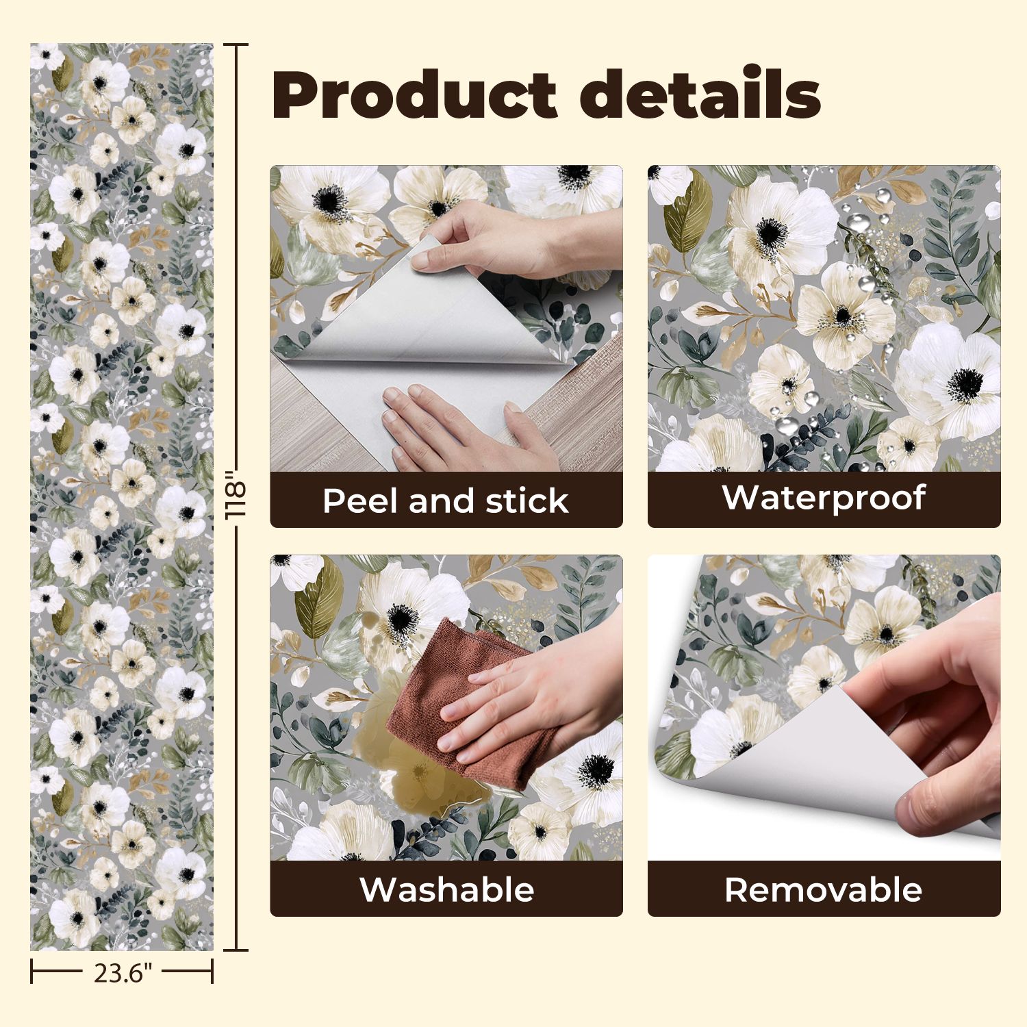 Peel and Stick Wallpaper 23.6in x 9.8ft Floral White Anemones Greenery Soft Gold Accents Grey Contact Paper Vinyl Self-Adhesive Removable Wall Paper for Bedroom Kitchen Cabinet Renter Friendly