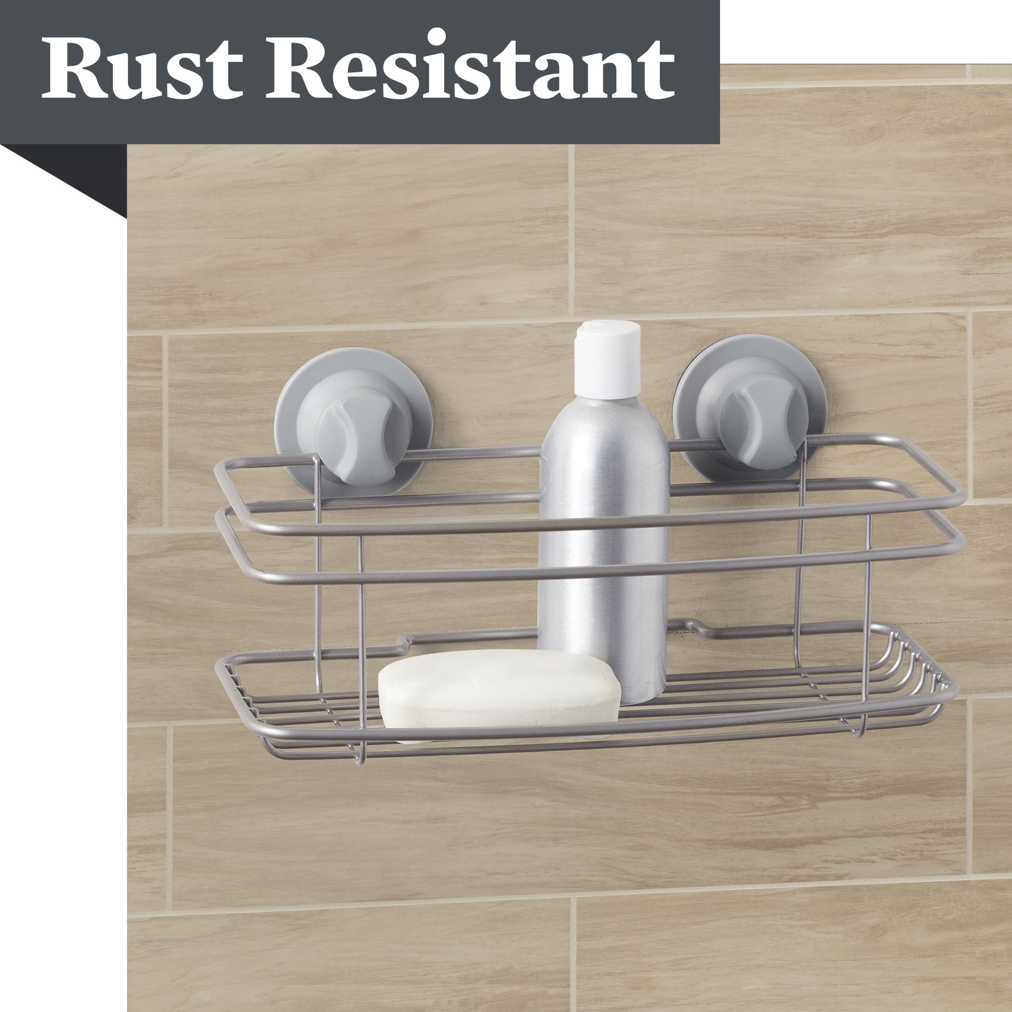Satin Nickel Shower Basket, Better Homes & Gardens Rust-Resistant Power Grip Pro, 1 Shelf, Suction or Adhesive Mount