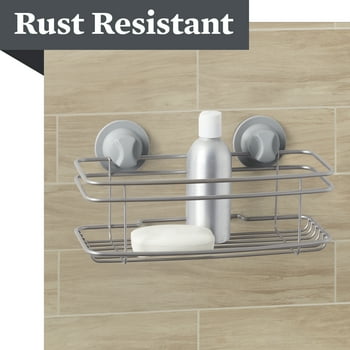 Satin Nickel Shower Basket, Better Homes & Gardens Rust-Resistant Power Grip Pro, 1 Shelf, Suction or Adhesive 