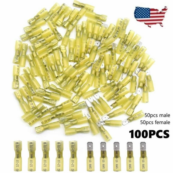 100Pcs Heat Shrink Spade Crimp Terminals Male Female 12-10 Gauge Wire Connectors