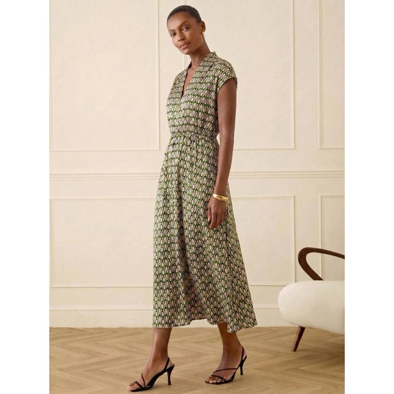 Green Geometric Print Midi Shirt Dress With V-Neck And Cinched Waist