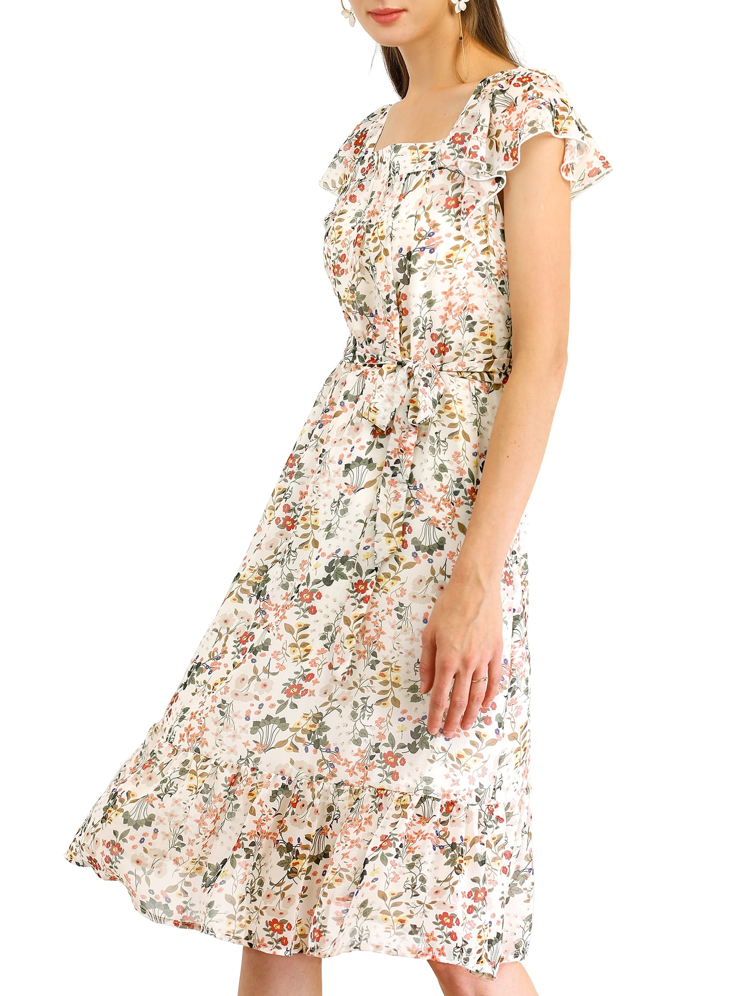 DARING DIVA Square Neck Flutter Sleeve A-Line Midi Dress XL White