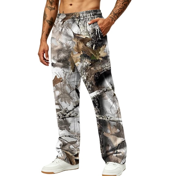 Mens Forest Camo Graphic Pants Baggy Straight Leg Athletic Jogger Sweatpants Elastic Waist with Convenient Pockets Light Gray S