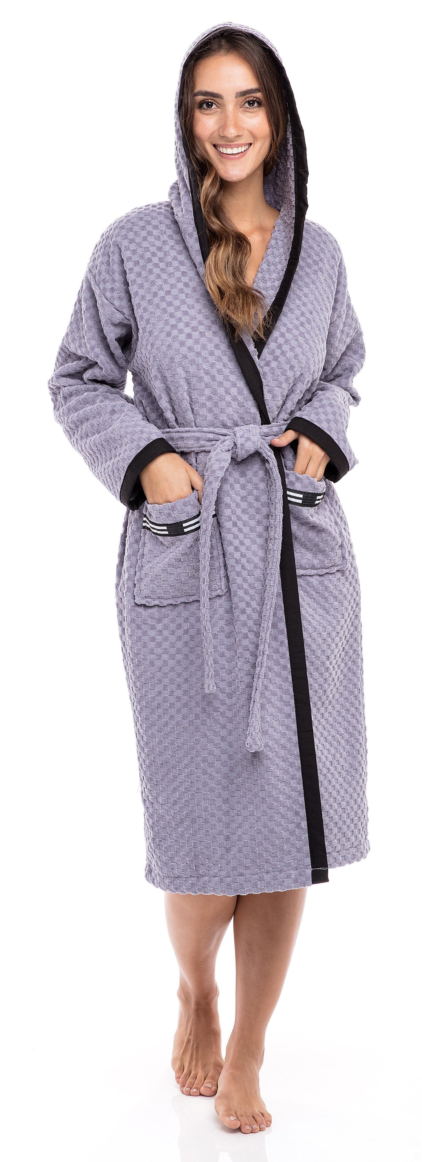 Women’s Waffle Weave Robe Ladies Hooded Bathrobe 100% Terry Cotton Spa Robes Gray XL