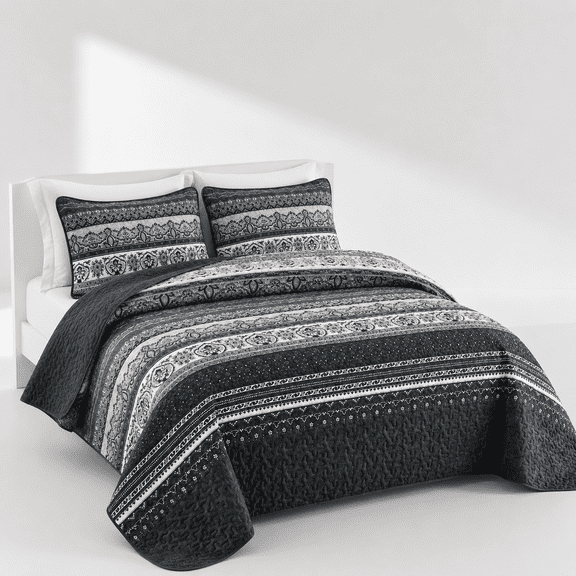 Boho Queen Quilt Set 3 Pieces Bedspread Black