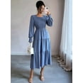 thumbnail image 3 of Fall Wedding Guest Dresses for Women Puff Long Sleeve Smocked Casual Crew Neck Tiered A Line Flowy Long Dress Blue L, 3 of 5