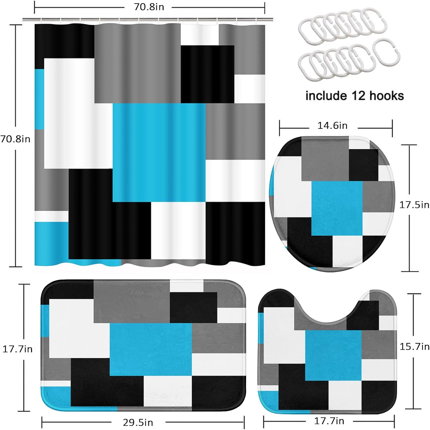 Grey Geometric Shower Curtain Set with Toilet Lid Cover and Non-Slip Rugs for Bathroom, Black White Checkered 4 Pcs Shower Curtain, Modern Abstract Bathroom Set with 12 Hooks