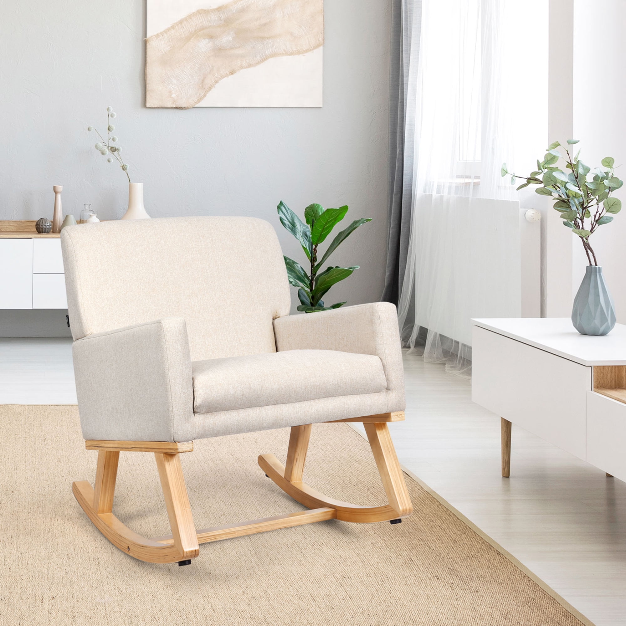 Gymax Mid Century Fabric Rocking Chair Upholstered Accent Armchair Lounge Chair Beige