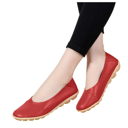 XDDST Womens Flats Comfortable Dressy Flat Comfortable Music Shoes Color Leisure Single Women s Shoes Leather Solid Flat Women s Casual Shoes Red