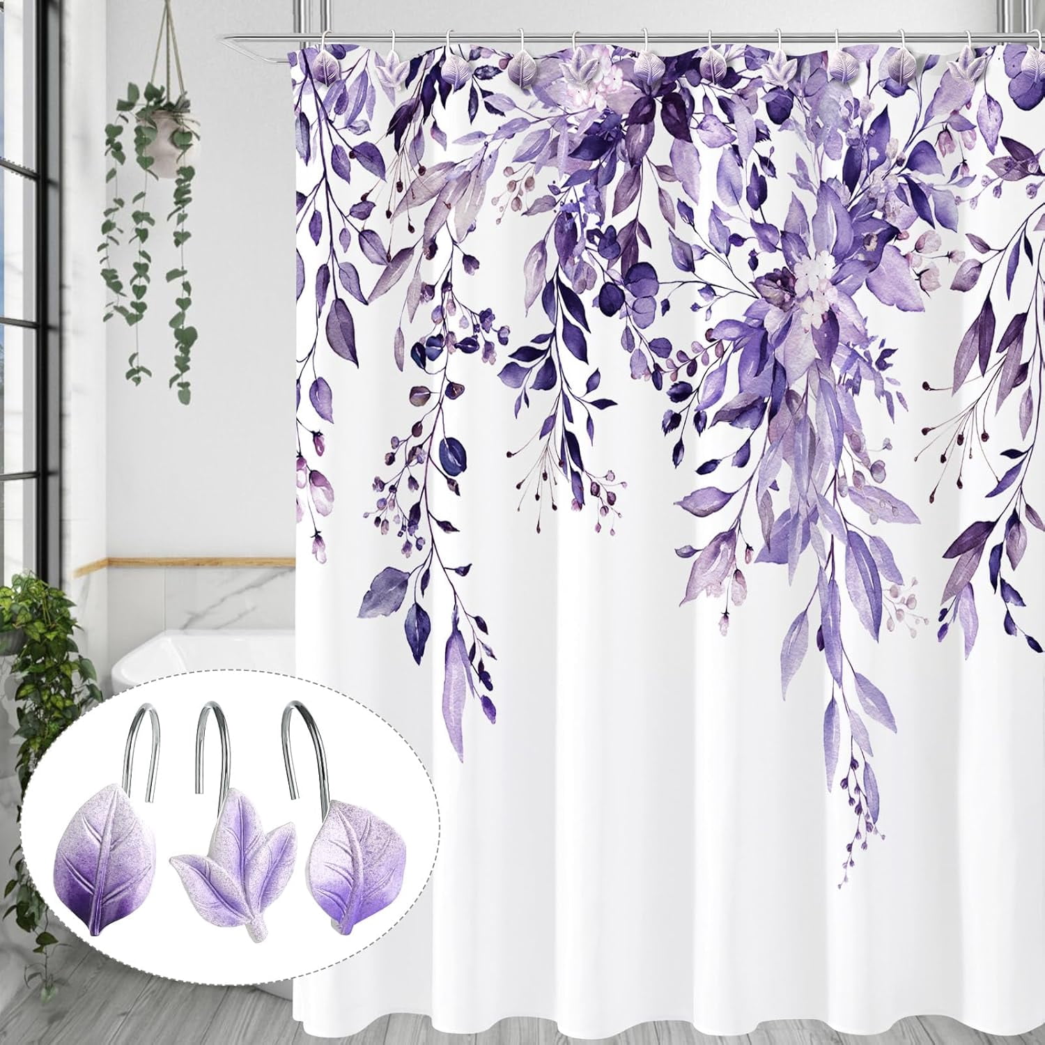 12PCS Leaves Shower Curtain Hooks, Purple Plant Leaf Decorative Shower Curtain Hooks Metal Rustproof Cute Eucalyptus Shower Curtain Rings Bathroom Decoration Accessories