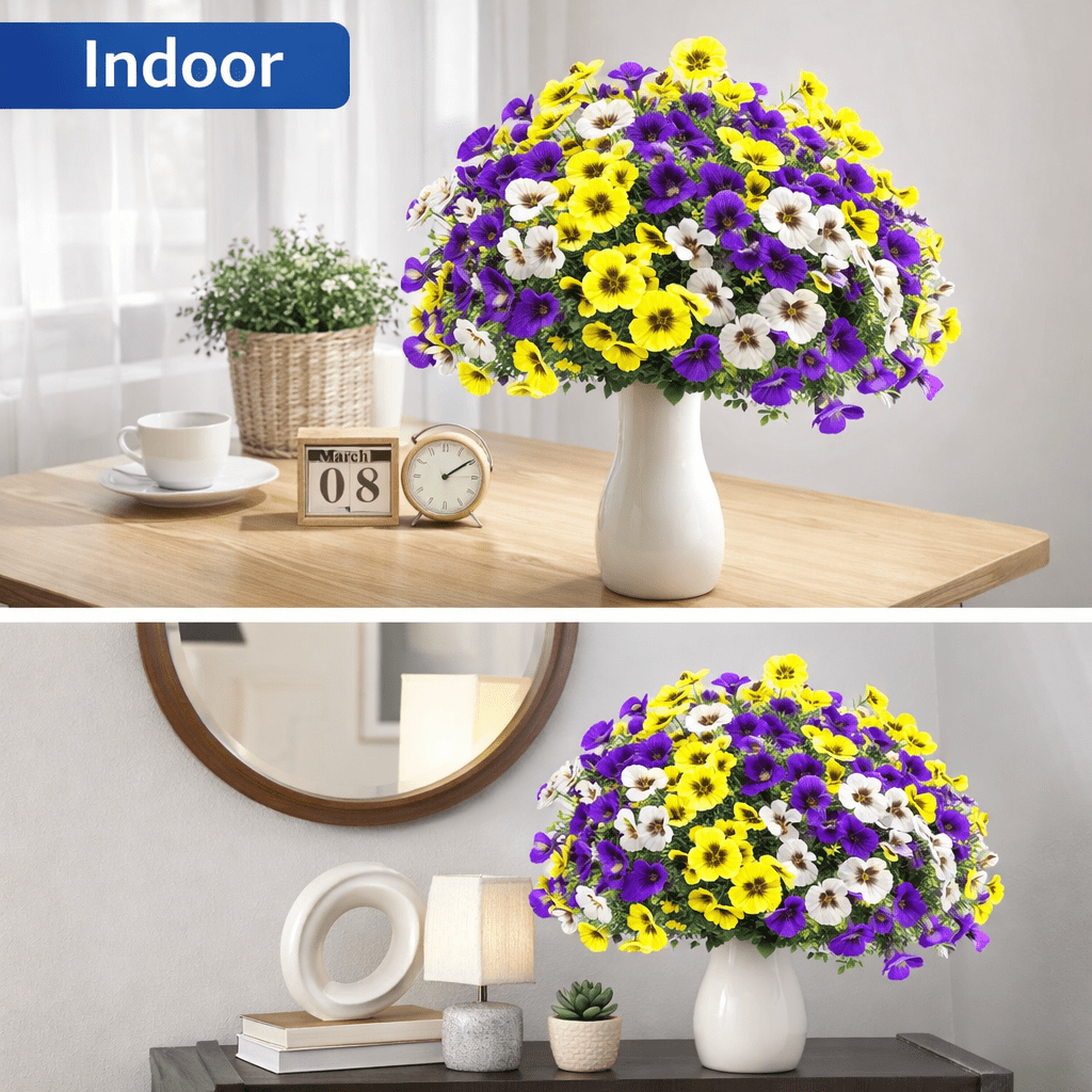 Artificial Pansy Flowers Bouquets, 18 Pack (6 Purple/6 Yellow/6 White), Faux Silk Flowers for Indoor Outdoor Decor, Window Box Porch Planter Vase Centerpiece