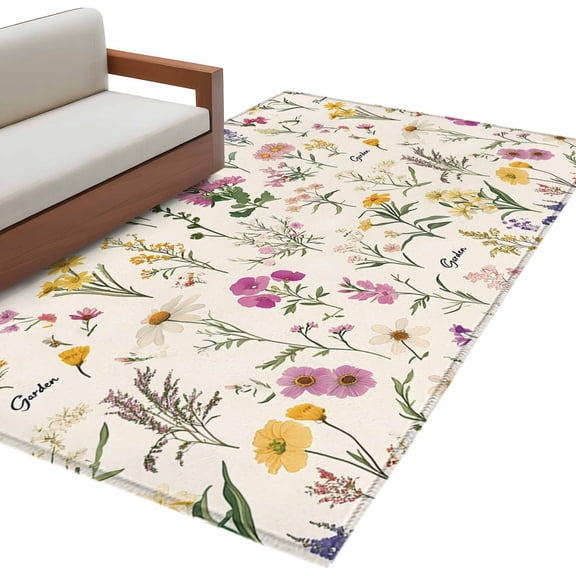 Wildflowers Large Area Rugs for Bedroom Living Room, Non Slip Carpet Bedside Rug, Blossoming Botanical Prints Garden Floral Rectangular Floor Cover Kitchen Accent Rug 3'x5' for Dining Room/Office