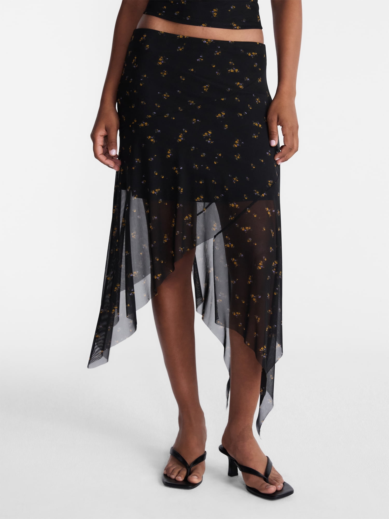 No Boundaries Asymmetrical Mesh Midi Skirt, Women's XXS-XXL