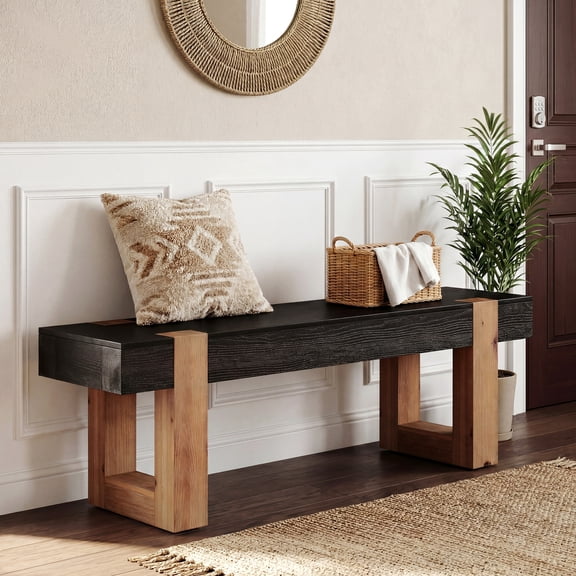 Finmind 55" Solid Wood Long Bench, Farmhouse Entryway Shoe Bench Indoor for Foyer, 2-Tone End of Bed Seating for Bedroom, Living Room, Brown & Black