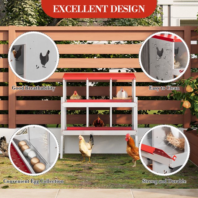 Nido para Gallinas de Acero Galvanizado con Bandeja Recolectora de Huevos - 6 Compartimentos, Resistente a la Oxidación y Ventilado - Accesorio para Gallinero de Gallinas, Pollos y Patos