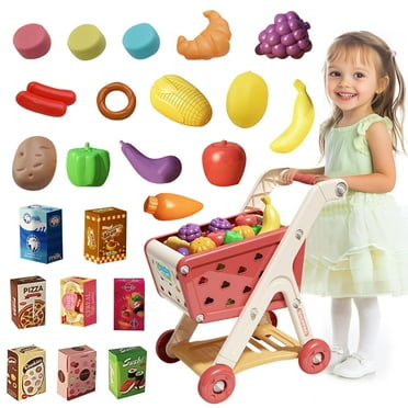 Shopping Carts for Kids, Trolley Play Set with Pretend Food and Accessories, Preschool Toys for Ages 3-6 Birthday Christamas Gifts (Red)