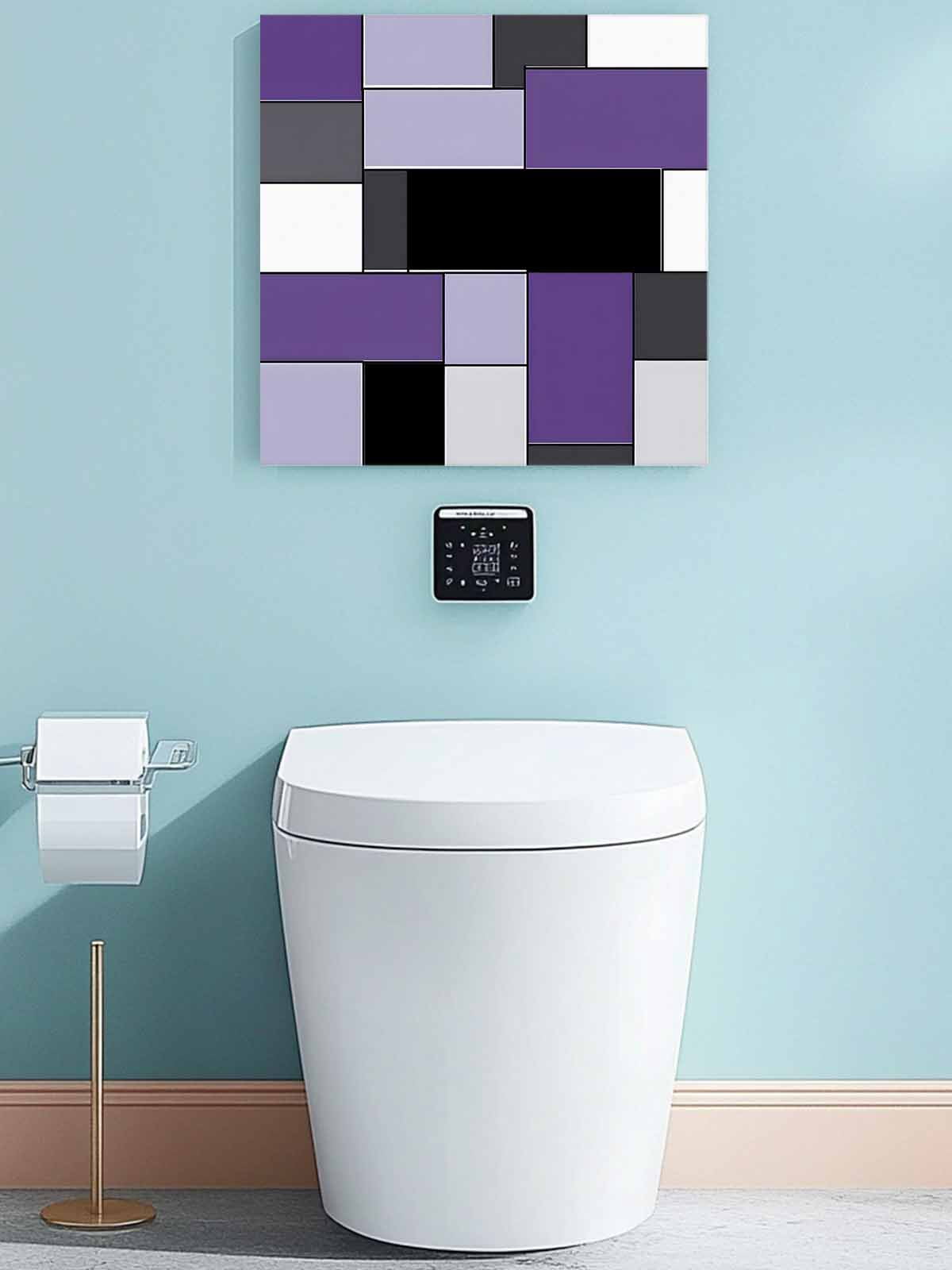 Purple Black Canvas Wall Art, Geometric Abstract Color Block Patchwork Framed Wall Decor Modern Artwork Prints Painting for Living Room, Bedroom, Kitchen & Cafe Decor 16x16 Inch