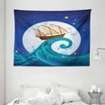 thumbnail image 1 of Moon Tapestry, Old Ship with Tempest Riding the Waves Full Moon and Stars Marine Cartoon Style, Wall Hanging for Bedroom Living Room Dorm Decor, 80W X 60L Inches, Blue Brown White, by Ambesonne, 1 of 2