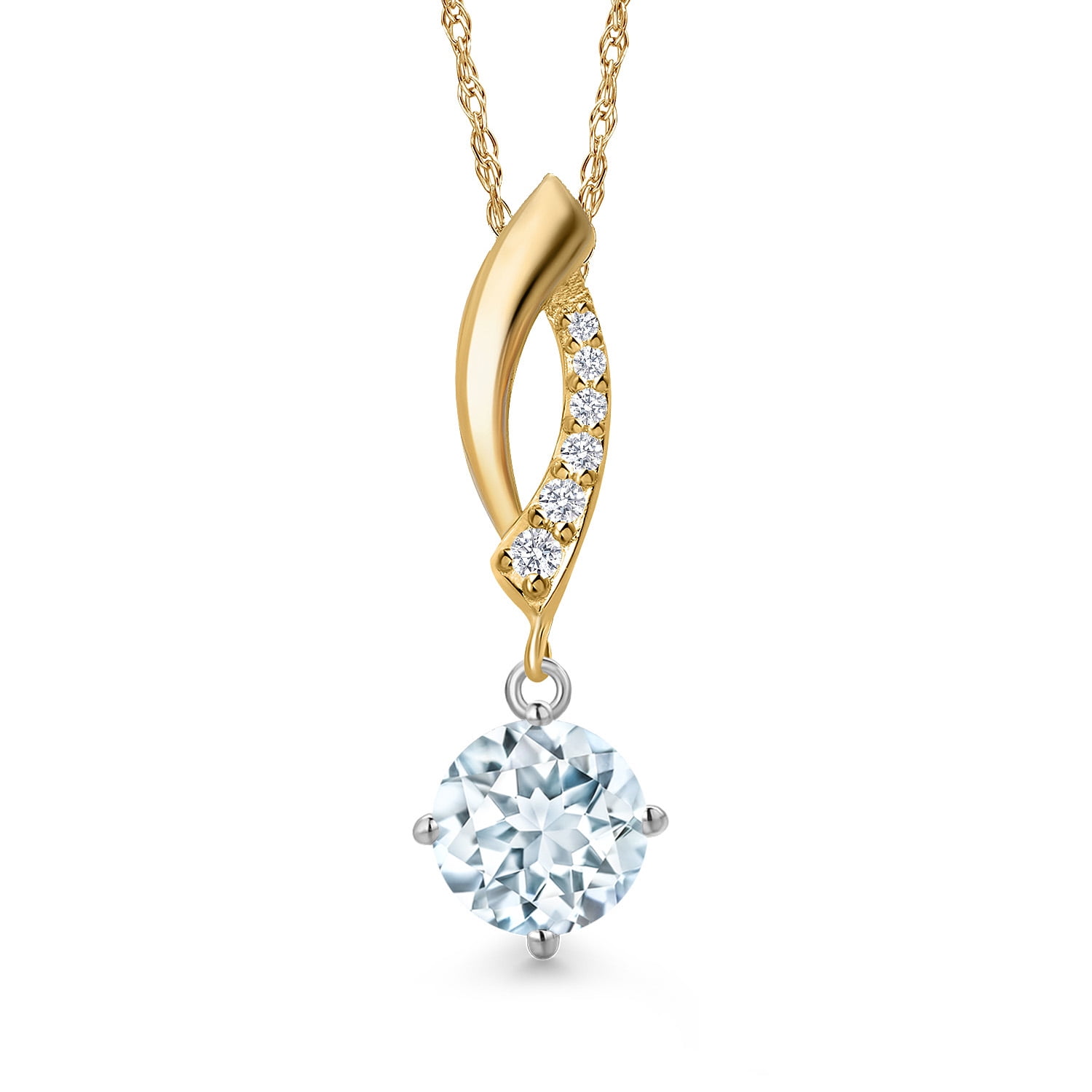 Gem Stone King 925 Silver and 10K Yellow Gold Sky Blue Aquamarine and Lab Grown Diamond Pendant Necklace for Women | 0.78 Cttw | Gemstone March Birthstone | Round 6MM | With 18 inch Chain