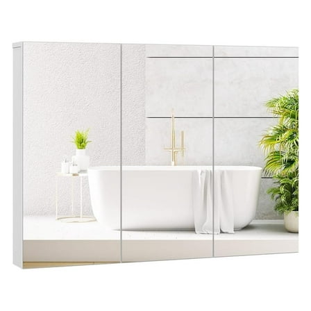 WDZS Mirrored Medicine Cabinet, Large Wide Wall Mounted Storage Cabinet with 3 Mirror Doors & Adjustable Shelf, Hanging Bathroom Organizer, White, 34.5 x 5 x 25.5 Inches