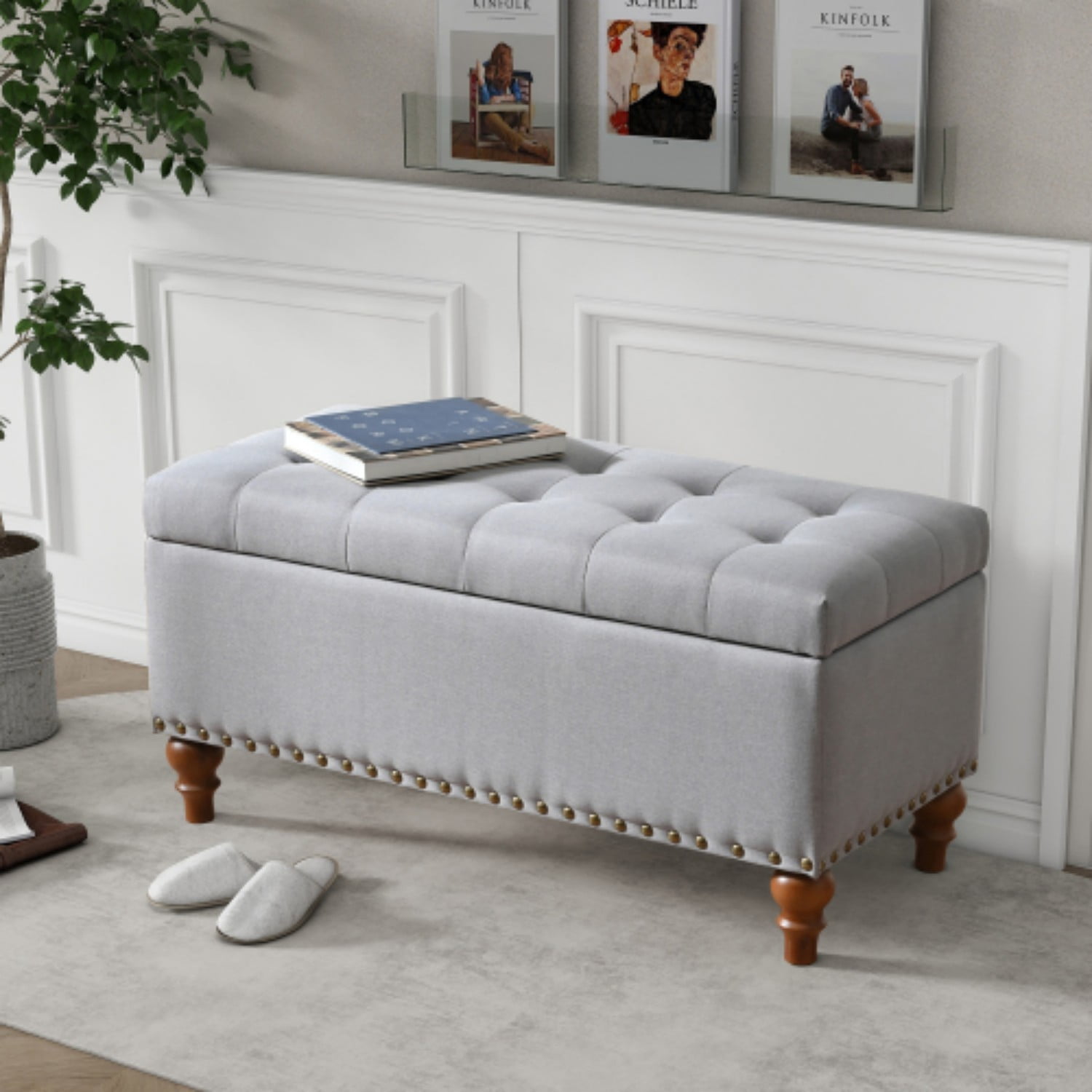 Storage Ottoman Bench with Hinged Lid, Linen Upholstered Footrest with Hidden Storage, Bedroom Entryway Living Room Bench, Grey