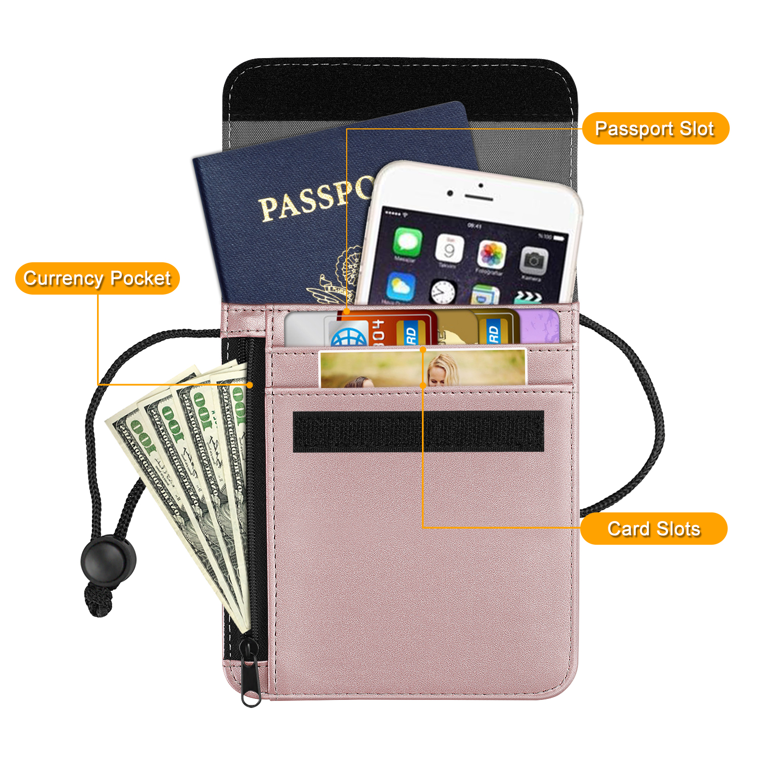 Fintie Passport Holder Neck Pouch [RFID Blocking] Premium PU Leather Travel Wallet, Rose Gold - image 3 of 7