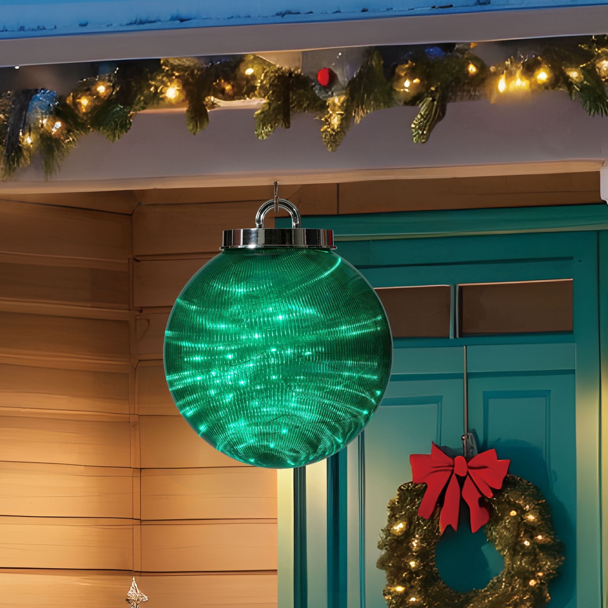 Indoor/Outdoor LED 8-Function Shatterproof Christmas Ornament Decoration with 100 LED Lights, Green, 11.8", by Holiday Time