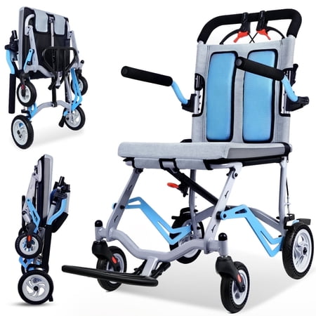 Wisging Ultralight Travel Transportation Wheelchair, Lightweight Foldable with Telescopic Handbrakes, 19 lbs Portable Folding Wheelchair for Seniors