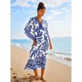 thumbnail image 6 of Blue Tropical Print V-Neck Midi Dress With Bell Sleeves, 6 of 8